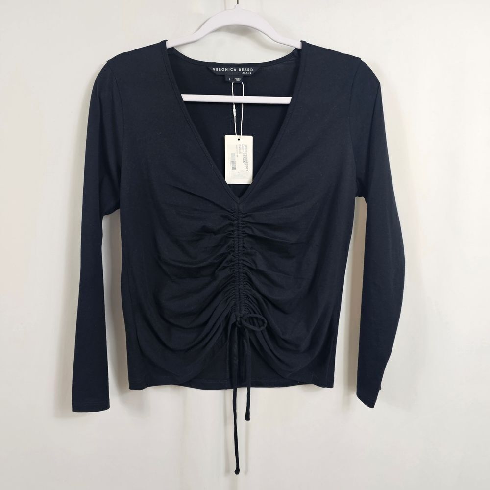 NWT Veronica Beard Kerr Ruched Long Sleeve Top in Black - Size S